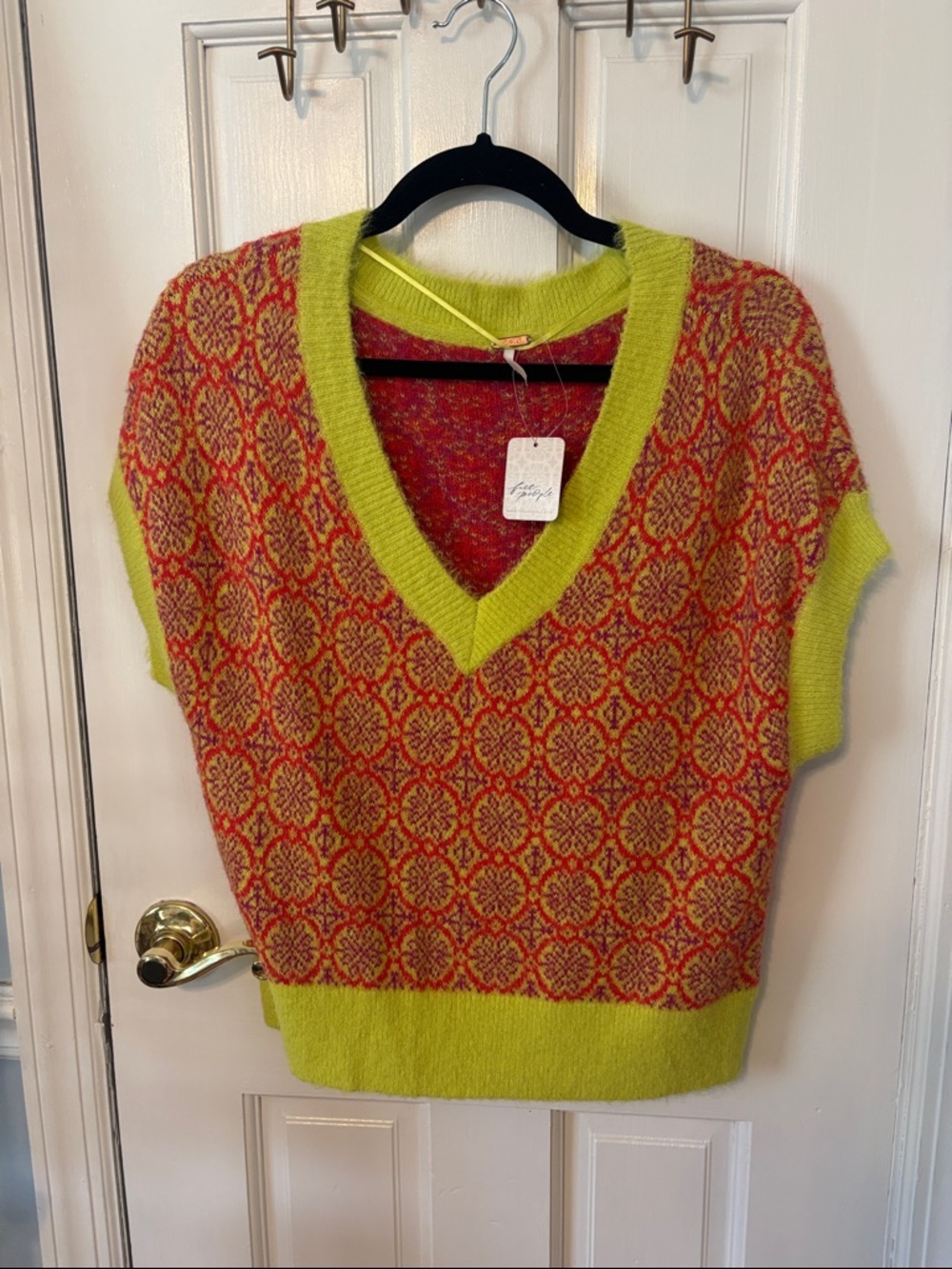Free People Lime Green and Red Patterned V-Neck Sweater Vest